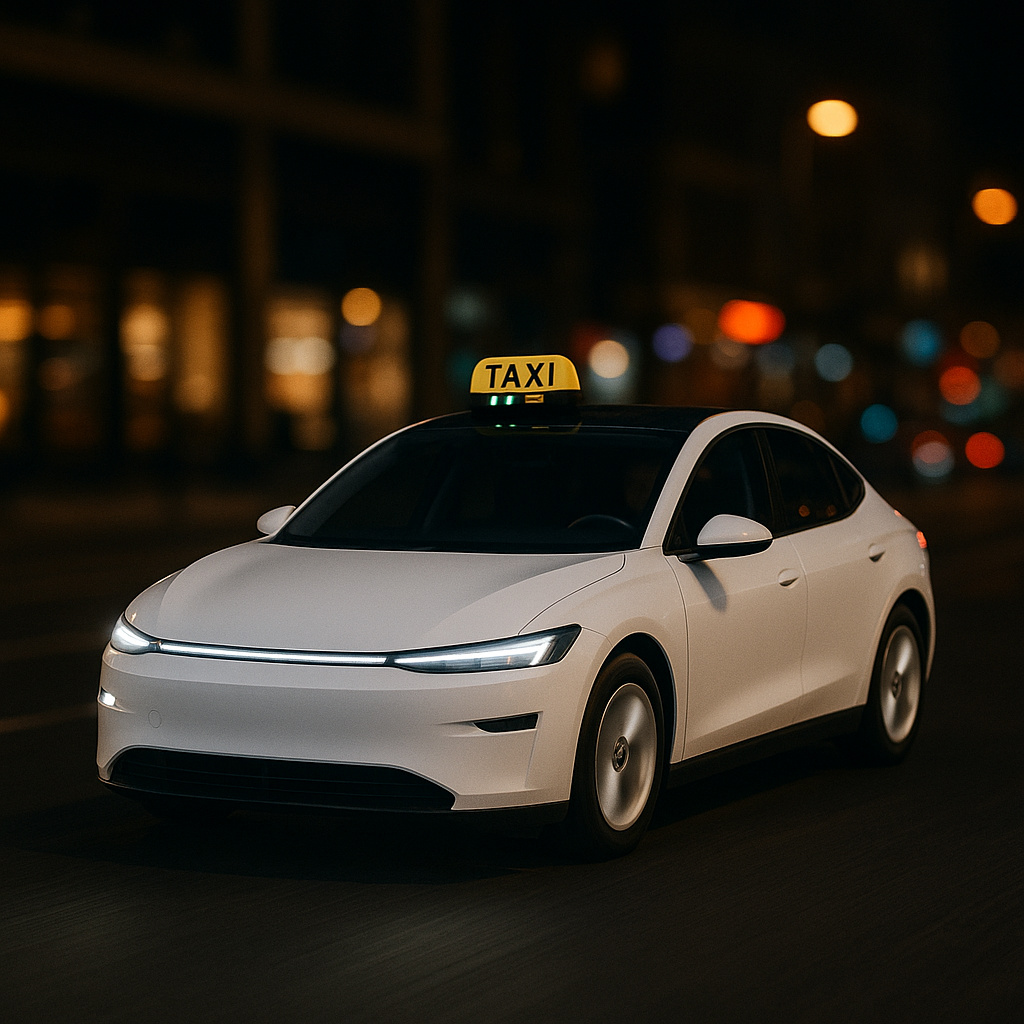 Taxi Tesla Model Y blanc avec enseigne taxi lumineuse à Tours de nuit